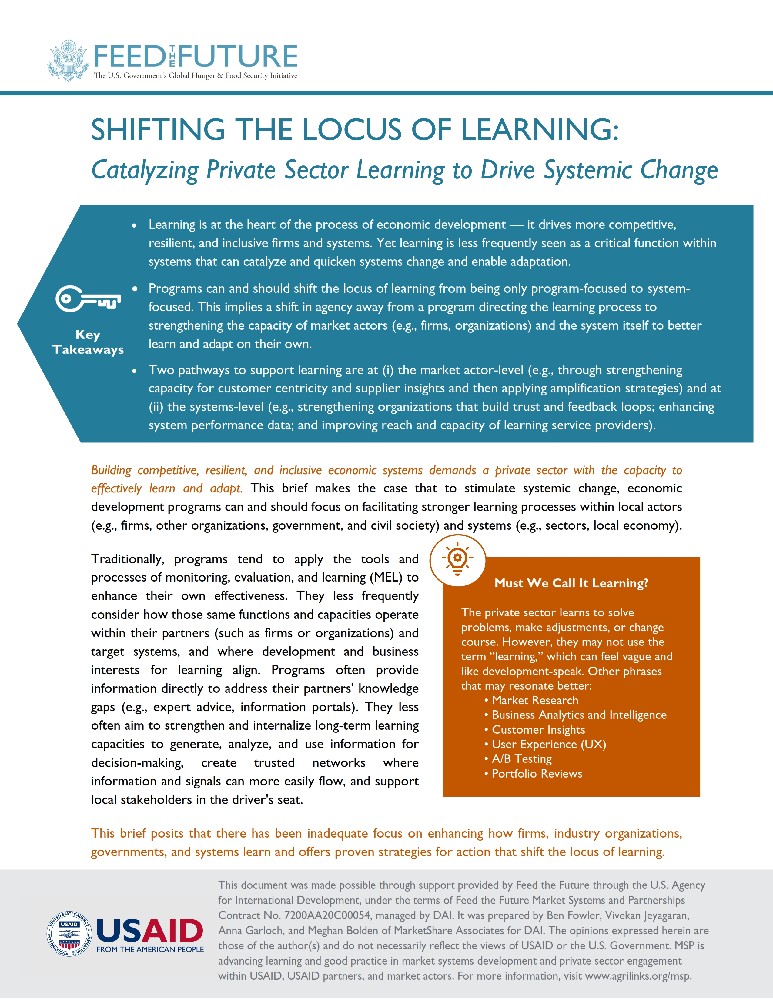 SHIFTING THE LOCUS OF LEARNING:  Catalyzing Private Sector Learning to Drive Systemic Change